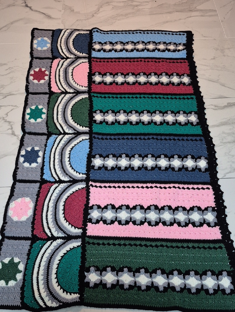 80"×44" Handmade Multicolor Crochet Throw - Pink, Green, Blue, Gray, Black